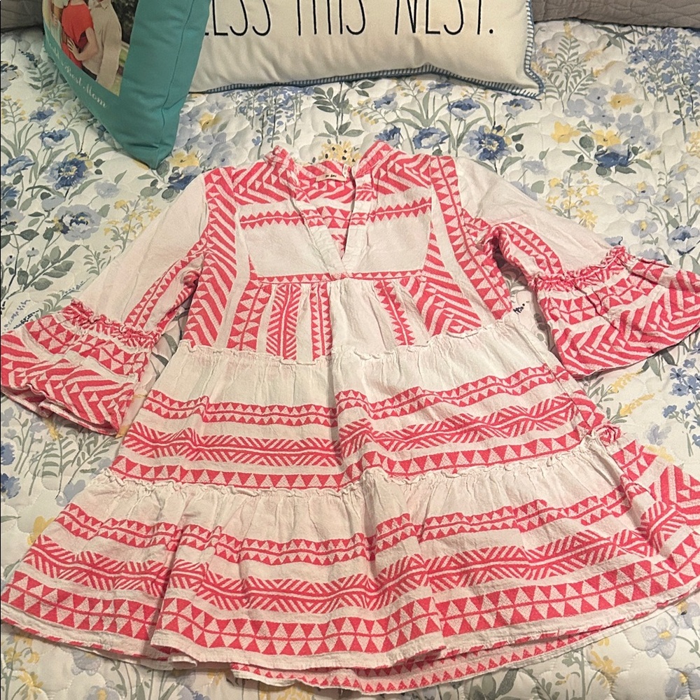 miami White Mini Dress with Coral Pink Geometric Print